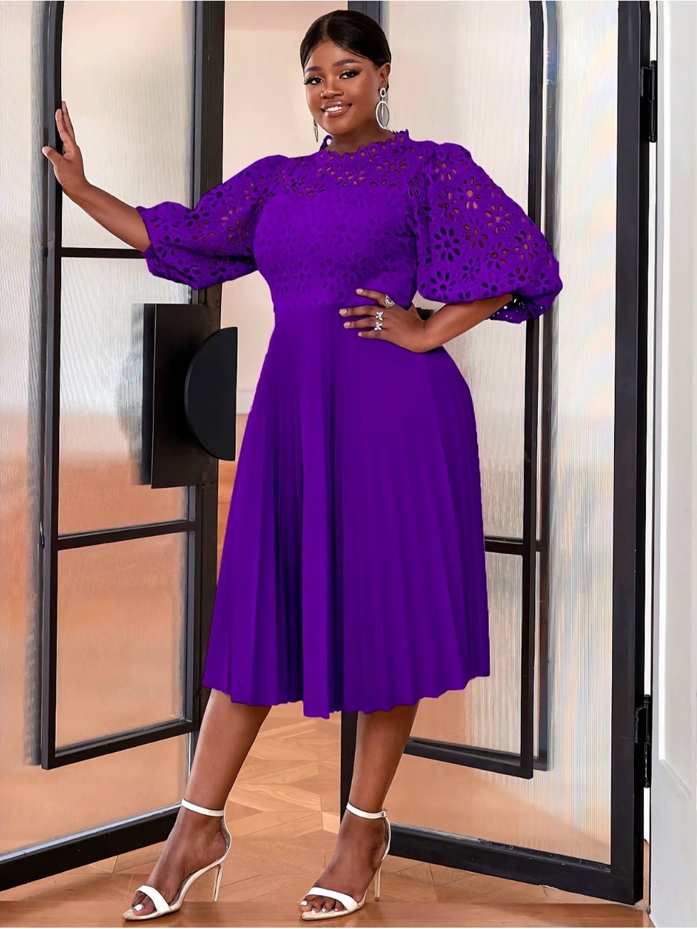 Elegant Purple Eyelet Midi Dress